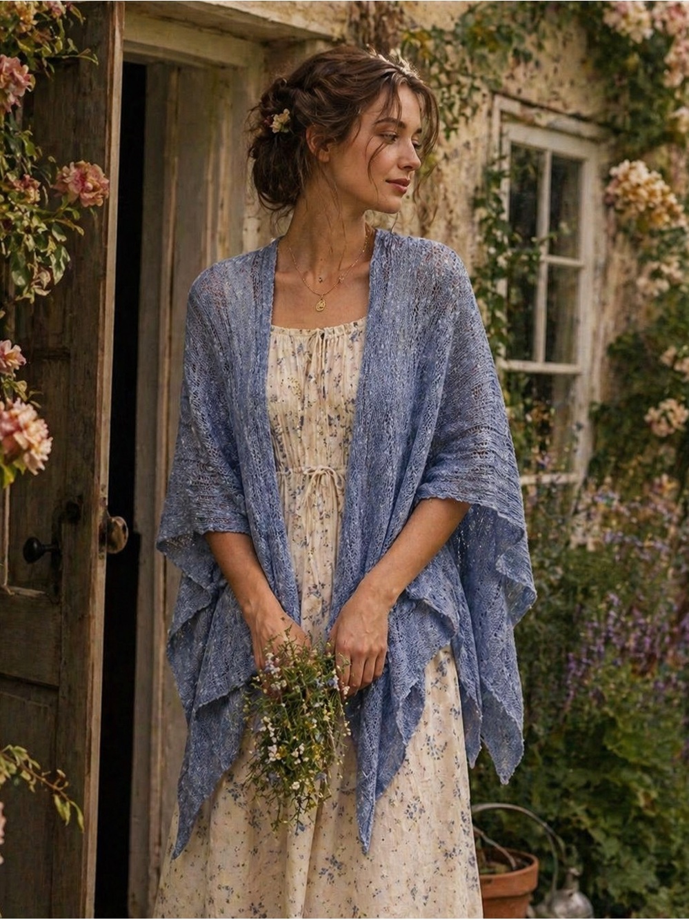 Molly Bracken French Boho Open Knit Wrap Cardigan Blue | Cottagecore Layer